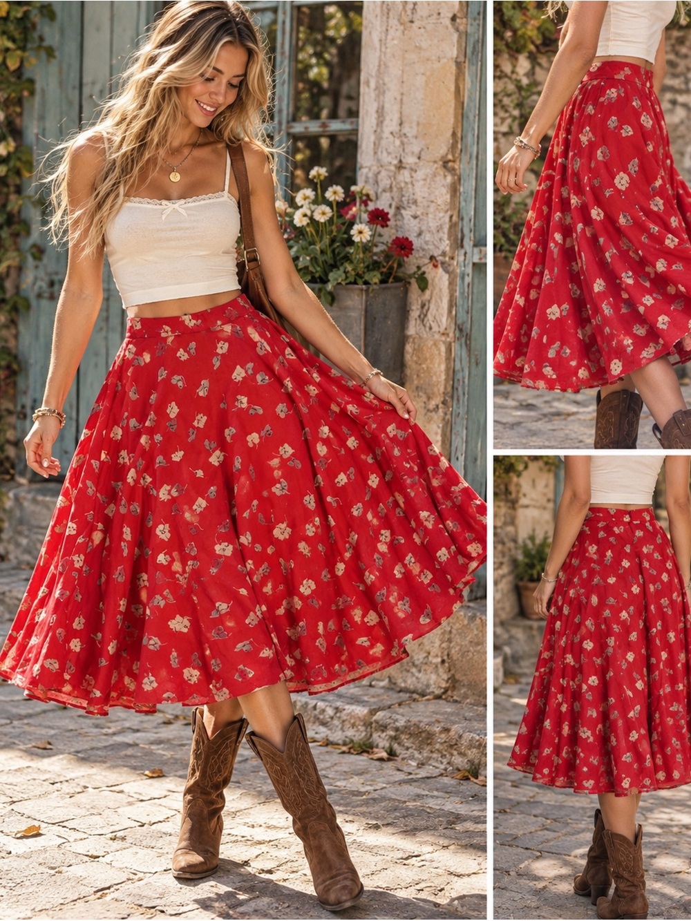 Free People Loving Fall Full Swing Skirt Red Floral Size 6